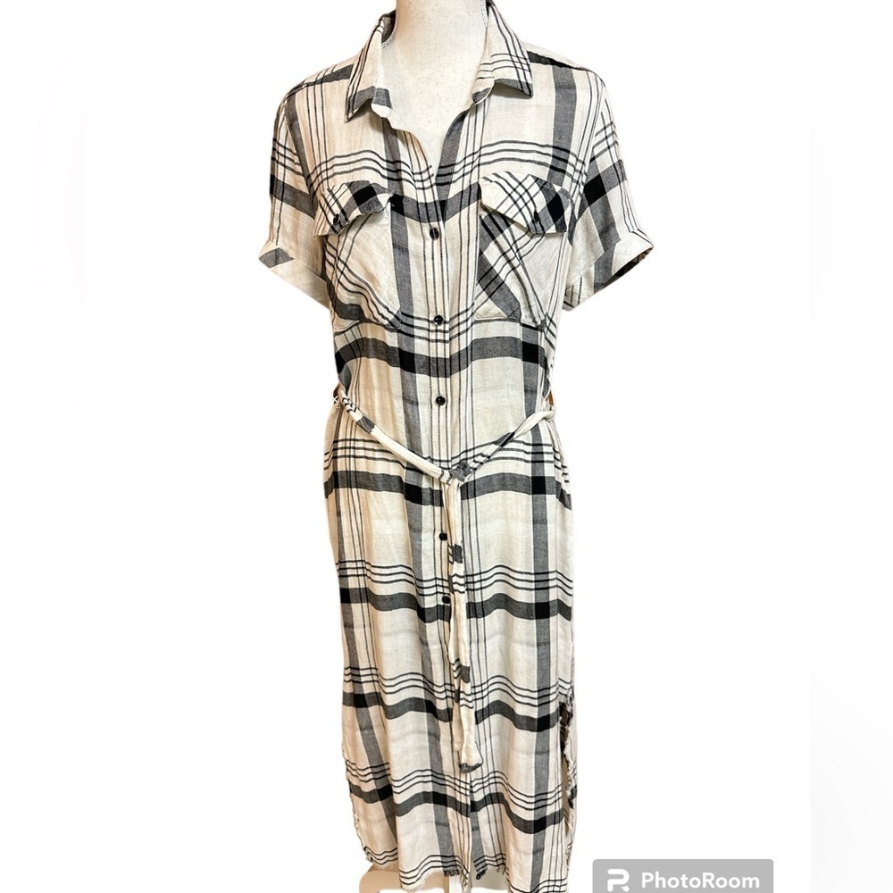 Cloth and Stone Rayon/Linen Black&Cream Plaid Button-down Maxi Dress Raw Hem PS